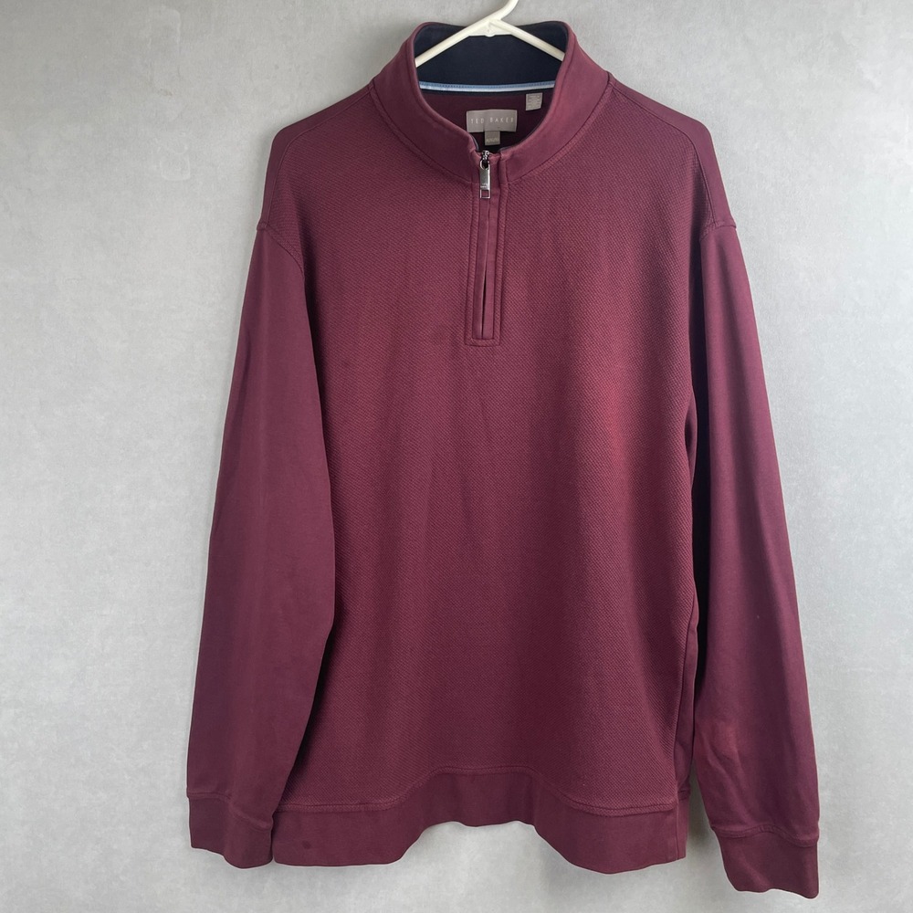 Ted Baker Mens XL 1/4 Zip Pullover Sweater Burgundy Textured‎ Mixed Media Preppy